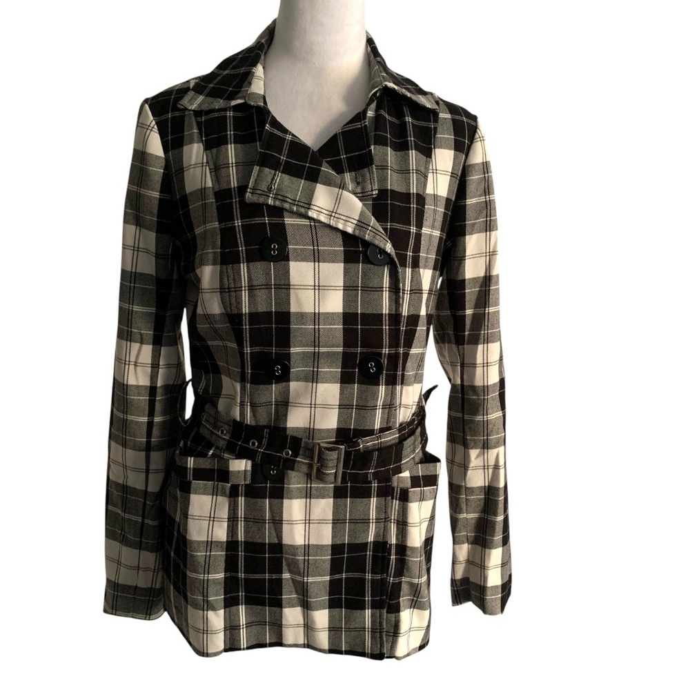 Vintage Rampage Medium Black Cream Plaid Short Trench Coat Academic Prep Grunge